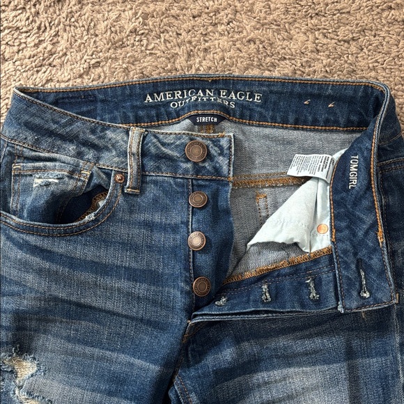 American Eagle Outfitters Dark Blue Distressed Button-Fly Jeans - Picture 2 of 5